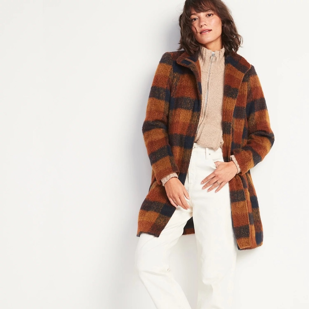 Old Navy Plaid Soft Brushed Plaid (brown, tan, navy) Funnel Neck Coat XXL